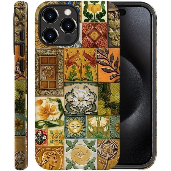 Case for iPhone 15 Pro, Fits Frosted Case Design for Girl Women, Vintage Tiles Floral Modern