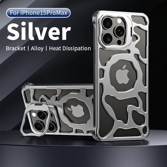 Case for iPhone 15 Pro Max, Magnetic Heat Radiation Phone Cover Camera Lens Stand Metal Hollow Luxury Case for for iPhone 15 Pro Max, Silver