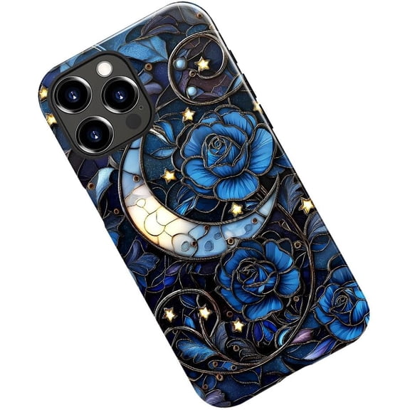 Case for iPhone 15 Pro, Stained Glass Moon Mosaic Dark Academia Phone Case Military-Grade Drop Protection Cover for Women Girl - Glossy