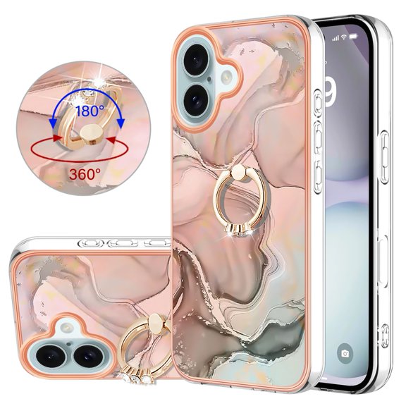 Case for iPhone 15 Pro case,Shiny IMD Marble Pattern Ring Kickstand Case for Girls,Enhanced Camera and Screen Protection Cover