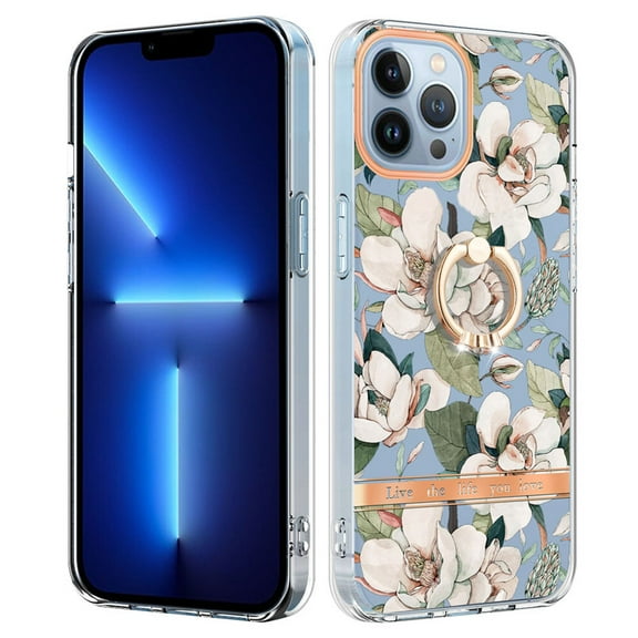 Case for iPhone 15 Pro transparent Phone case with a flower pattern, a sturdy ring stand and a protective shell.