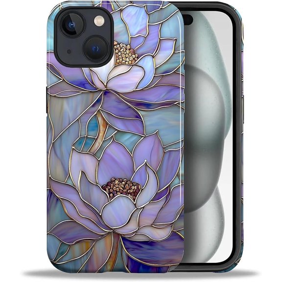 Case for iPhone 15, Shockproof Hard Shell + Soft Silicone 2 in 1 Hybrid, Shockproof Bumper Drop Protective - Abstract Lotus Flower Stained Glass