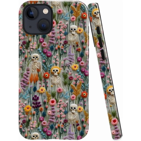 Case for iPhone 15 - Slim Fit Anti-Scratch Phone Case for Girl Women - Halloween Skeleton Bloom Floral (Glossy)