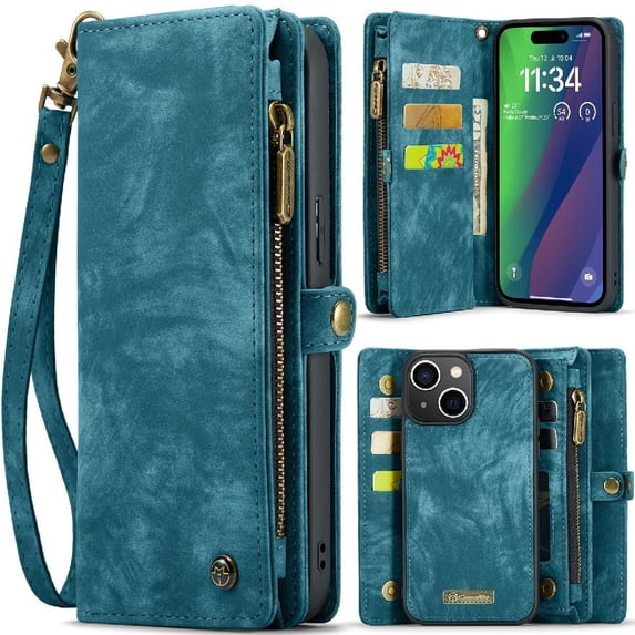 Case for iPhone 15 Wallet Cover Trifold with TPU PC Handmade Leather Zipper Detachable Card Holder Strong Magnetic