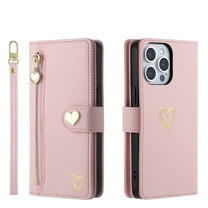 Case for iPhone 15 Wallet phone case with zipper pocket, wrist strap, flip cover and built-in card slots.