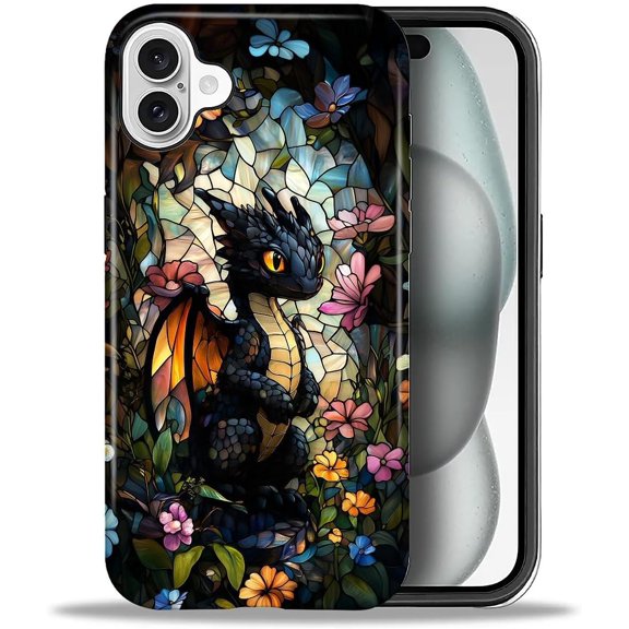Case for iPhone 16, 2 in 1 PC Hard Shell & Silicone Inner Bumper, Anti-Scratch Full-Body Cover Shockproof Slim Design- Gothic Black Dragon