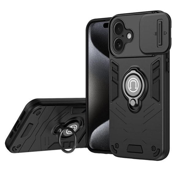 Case for iPhone 16 Built In Slide Camera Cover & 360° Rotatable Kickstand Sliding Ring Heavy Duty ShockProof Protective Cover,Black,For iPhone 16
