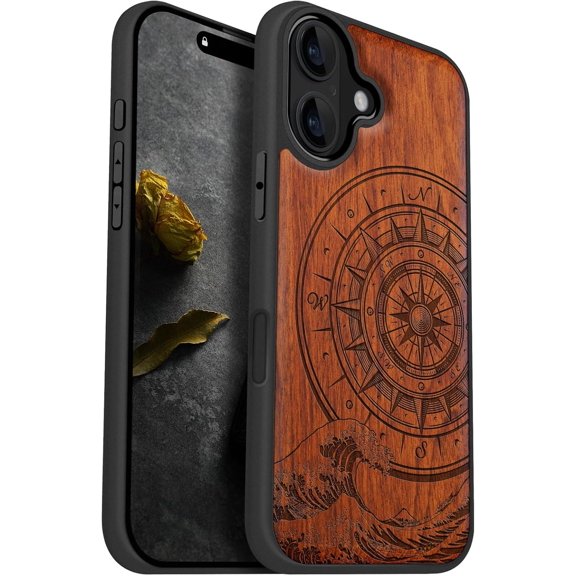 Case for iPhone 16 Case, Artisan Printed & Black Soft TPU Shockproof Cover, Wave Compass, Rosy