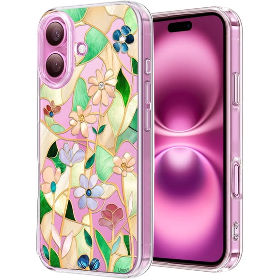 Case for iPhone 16 Case Clear with Design Embossed Floral Pattern Soft TPU Bumper Slim Protective 6.1 Inch (Stained Glass Flower)