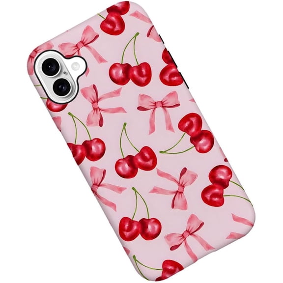 Case for iPhone 16, Fruit Cherry Ribbon Bow Phone Case Military-Grade Drop Protection Cover for Women Girl - Frosted