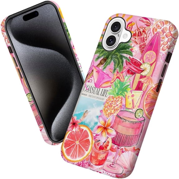 Case for iPhone 16 Plus, Pink Turtle Pineapple Flowers Collage Phone Case Military-Grade Drop Protection Cover for Women Girl - Frosted