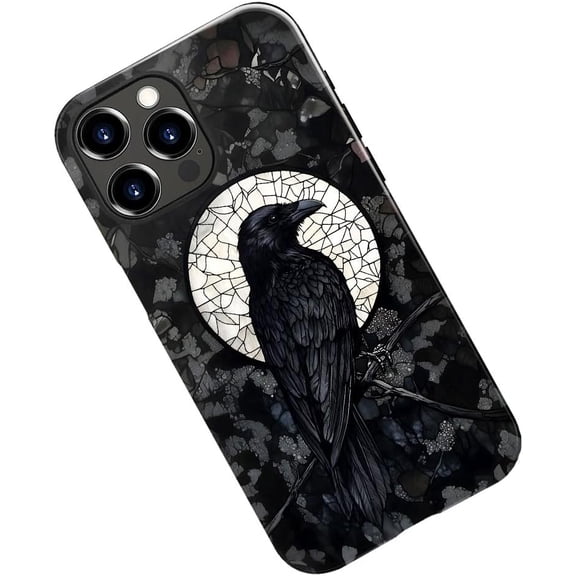 Case for iPhone 16 Pro, Black Crow Raven Moon Celestial Gothic Phone Case Military-Grade Drop Protection Cover for Women Girl - Glossy