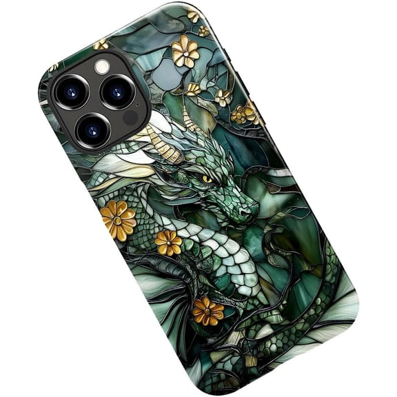 Case for iPhone 16 Pro, Dragon Stained Glass Aesthetic Dark Phone Case Military-Grade Drop Protection Cover for Women Girl - Glossy