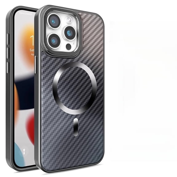 Case for iPhone 16 Pro MAX: Carbon Fiber Texture with Metal Lens Ring, Magnetic Matte Protective Cover - Durable and MagSafe Compatible