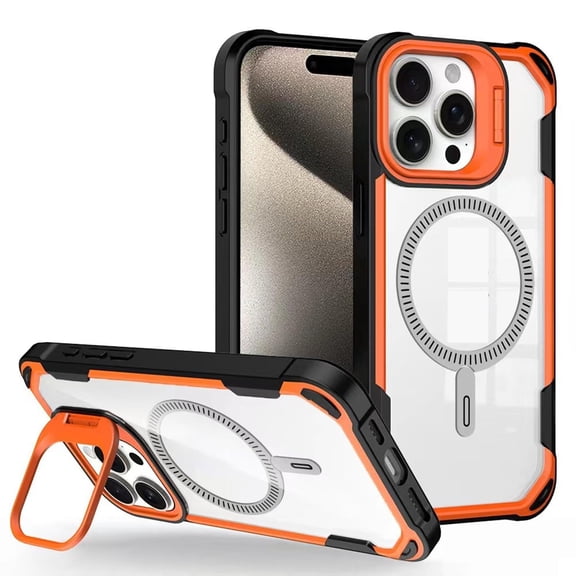 Case for iPhone 16 Pro Max/16 Pro/16 Plus/16, Magnetic Lens Stand Case Supports Wireless Charging Shockproof Shell Translucent Back Phone Case