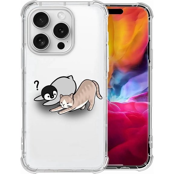 Case for iPhone 16 Pro Max Case, Clear Cute Penguin Cat Pattern Graphic Case for Girl Women Soft Silicone Shock Protection Case for iPhone 16 Pro Max