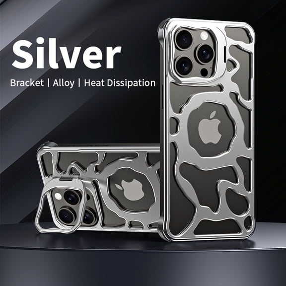 Case for iPhone 16 Pro Max, Magnetic Heat Radiation Phone Cover Camera Lens Stand Metal Hollow Luxury Case for for iPhone 16 Pro Max, Silver