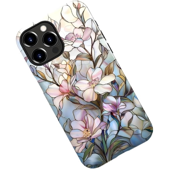 Case for iPhone 16 Pro, Stained Glass Floral Magnolia Pattern Phone Case Military-Grade Drop Protection Cover for Women Girl - Glossy