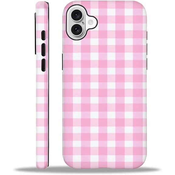 Case for iPhone 16, Simple Pink and White Check 2 in 1 Hard Shell + Silicone, Shockproof Bumper Drop Protective Compatible with iPhone 16