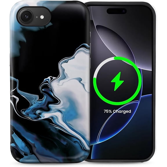 Case for iPhone 16e, Shockproof, Slim Phone Case, Scratch Resistant Hybrid Double Layer Hard Shell, Black and Blue Ink Wash Marble