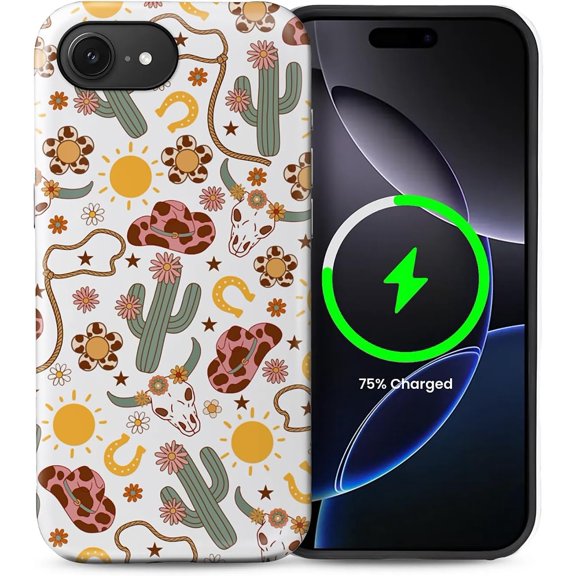 Case for iPhone 16e, Shockproof, Slim Phone Case, Scratch Resistant Hybrid Double Layer Hard Shell, Retro Cowboy Cactus Flowers