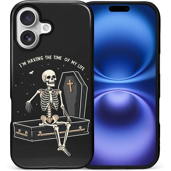 Case for iPhone 17 Case, Hybrid 2-Layer Silicone Protective Glossy Case for Girl Women Case for iPhone 17 Smile Skeleton Sit Coffin Pattern