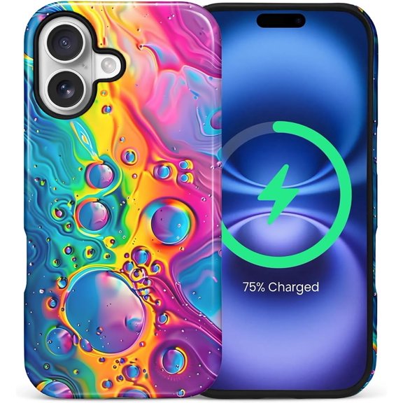 Case for iPhone 17, Compatible with Magsafe Shockproof Hard Shell Soft Silicone 2 in 1 Hybrid Shockproof Bumper Drop Protective Colorful Neon Bubbles