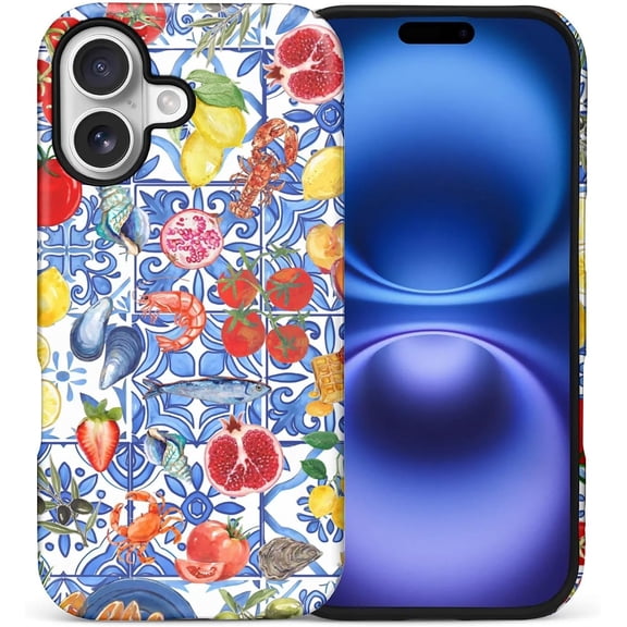 Case for iPhone 17, Drop Protection Hybrid 2-Layer Hard Phone Cover-Tile Beachy Fruit Collage