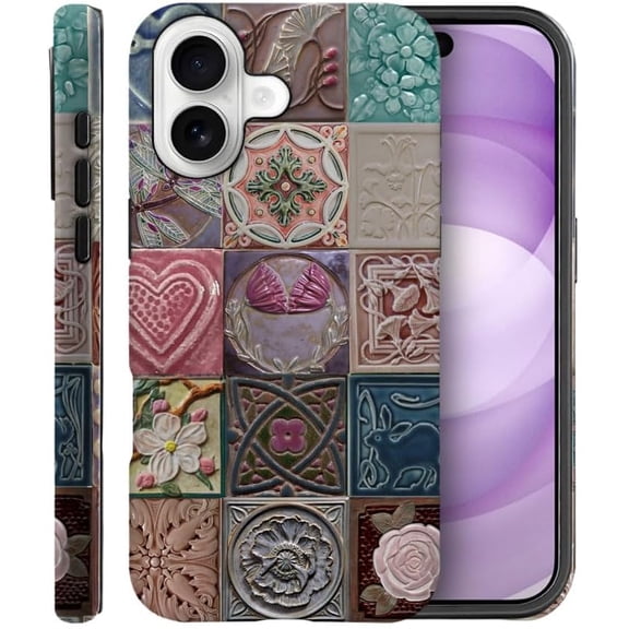 Case for iPhone 17, Fits Frosted Case Design for Girl Women, Collage Tiles Hearts Roses Vines Romantic