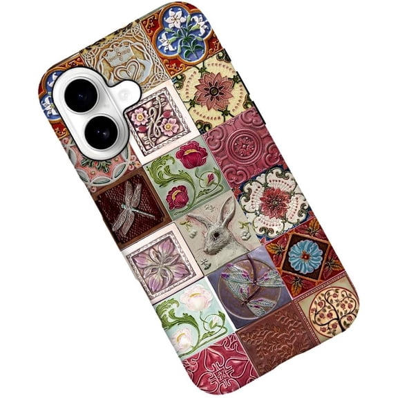 Case for iPhone 17, Floral Rabbit Dragonfly Collage Tiles Phone Case Military-Grade Drop Protection Cover for Women Girl - Frosted