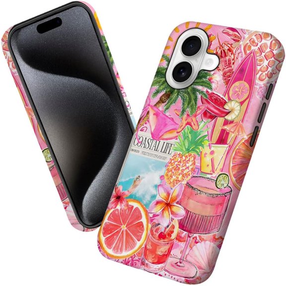 Case for iPhone 17, Pink Turtle Pineapple Flowers Collage Phone Case Military-Grade Drop Protection Cover for Women Girl - Frosted
