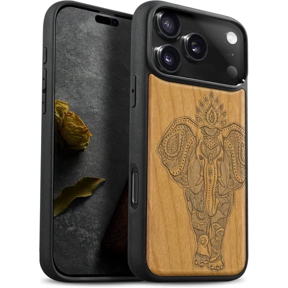 Case for iPhone 17 Pro Case, Artisan Printed & Black Soft TPU Shockproof Cover, Indian Lotus Elephant, Cherry