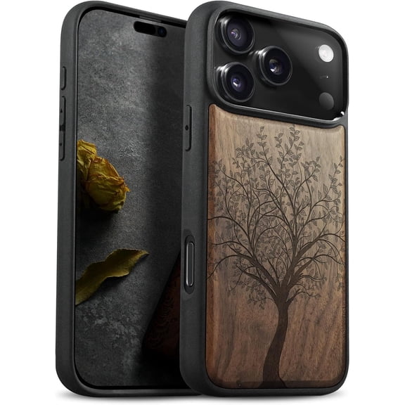 Case for iPhone 17 Pro Case, Artisan Printed & Black Soft TPU Shockproof Cover, Leafy Tree, Walnut