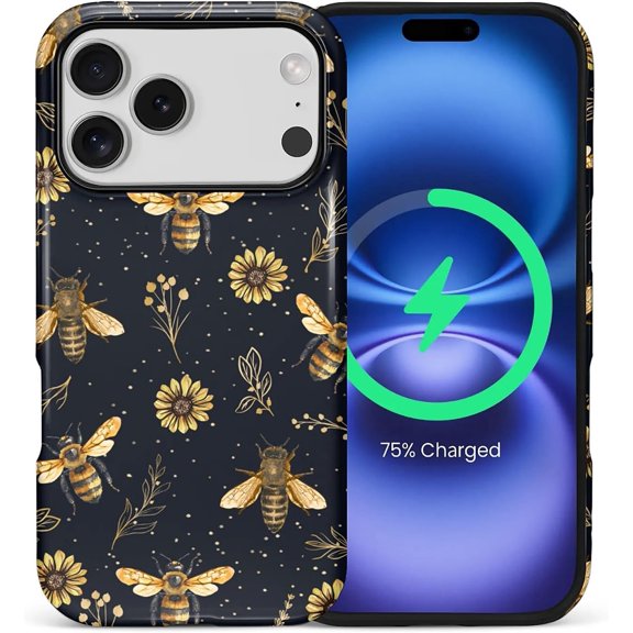 Case for iPhone 17 Pro, Compatible with Magsafe Shockproof Hard Shell Soft Silicone 2 in 1 Hybrid Shockproof Bumper Drop Protective Retro Bee Flower