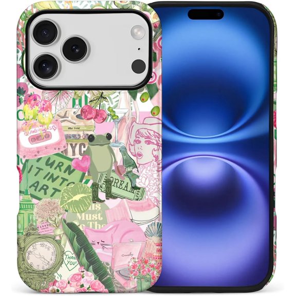 Case for iPhone 17 Pro, Drop Protection Hybrid 2-Layer Hard Phone Cover-Frog Clock Tower Fruit Collage