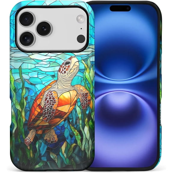 Case for iPhone 17 Pro, Drop Protection Hybrid 2-Layer Hard Phone Cover-Seagrass Turtle