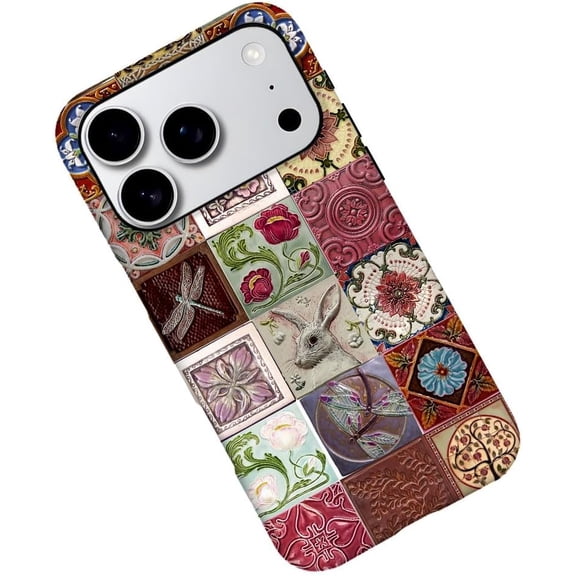 Case for iPhone 17 Pro, Floral Rabbit Dragonfly Collage Tiles Phone Case Military-Grade Drop Protection Cover for Women Girl - Frosted