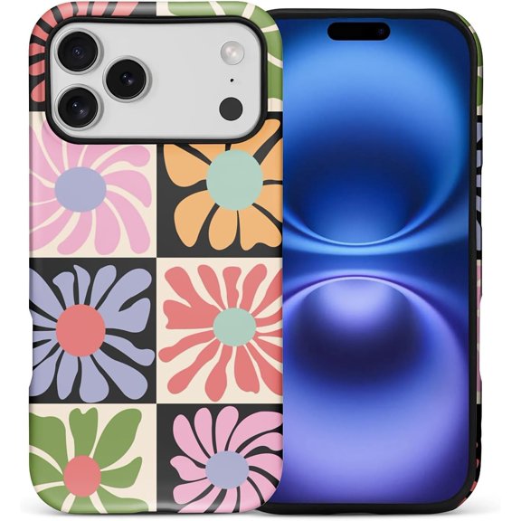 Case for iPhone 17 Pro Max, Bright Checkered Flowers Exquisitely Pattern Double Protective Phone Cover Cases Soft Silicone for iPhone 17 Pro Max