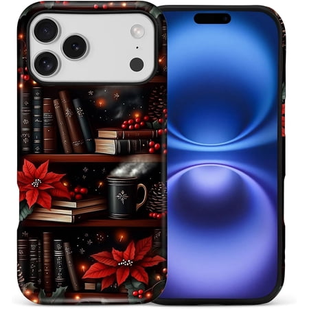 Case for iPhone 17 Pro Max, Drop Protection Hybrid 2-Layer Hard Phone Cover-Bookish Coffee Christmas Library