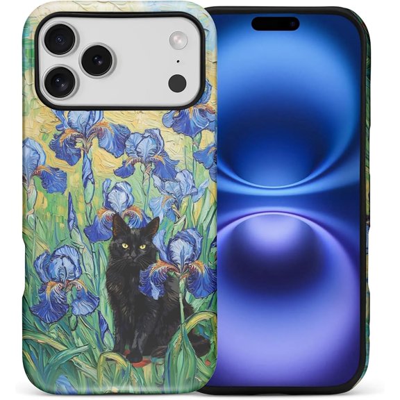 Case for iPhone 17 Pro Max, Drop Protection Hybrid 2-Layer Hard Phone Cover-Flowers and Black Cat