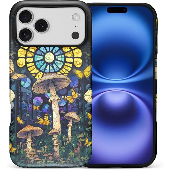Case for iPhone 17 Pro Max, Drop Protection Hybrid 2-Layer Hard Phone Cover-Glossy Mushrooms Butterflies