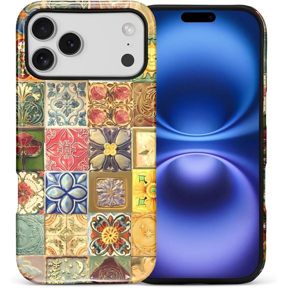 Case for iPhone 17 Pro Max, Drop Protection Hybrid 2-Layer Hard Phone Cover-Sun Tile Plant Collage