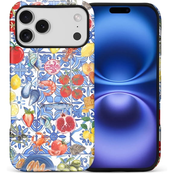 Case for iPhone 17 Pro Max, Drop Protection Hybrid 2-Layer Hard Phone Cover-Tile Beachy Fruit Collage