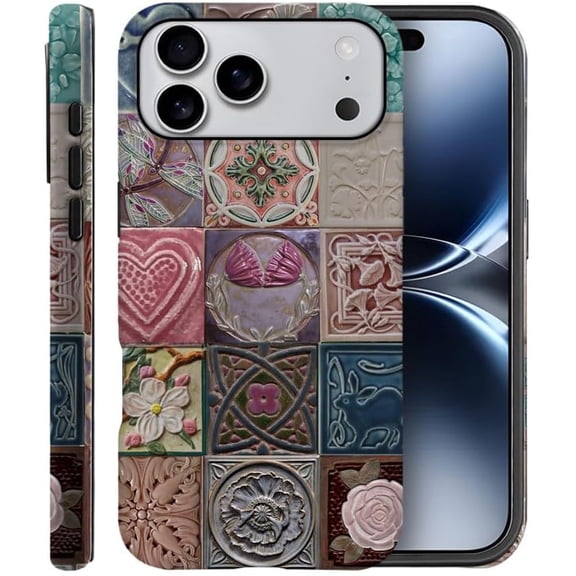 Case for iPhone 17 Pro Max, Fits Frosted Case Design for Girl Women, Collage Tiles Hearts Roses Vines Romantic