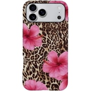 Case for iPhone 17 Pro Max, Retro Cheetah Leopard Pink Hibiscus Floral Phone Case, Trendy Frosted Silicone Shockproof Cover for Girl Women