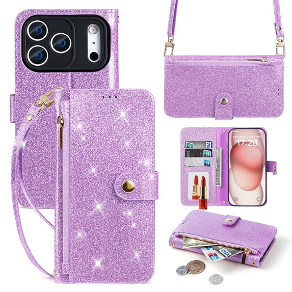 Case for iPhone 17 Pro Max Wallet Accessories PU Cell Cover with Bling Glitter Zipper Flip Credit Card Holder iPhone 17 Women