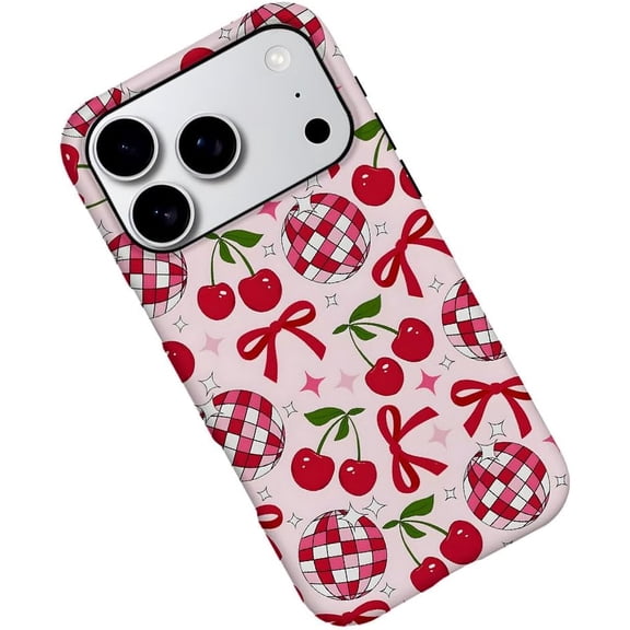 Case for iPhone 17 Pro, Pink Disco Bow Cherry Ribbon Phone Case Military-Grade Drop Protection Cover for Women Girl - Frosted