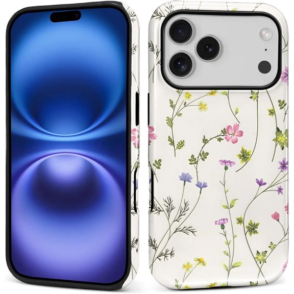 Case for iPhone 17 Pro, Shockproof Hard Shell Soft Silicone 2 in 1 Hybrid, Shockproof Bumper Drop Protective Cute Flower Branch