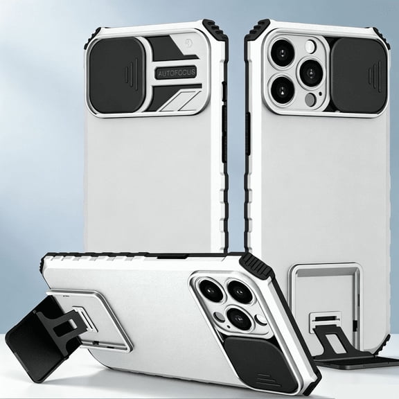 Case for iPhone 17 Pro & iPhone 18 Pro, Sliding Window Phone Case with Built-in Kickstand, Military-Grade Shockproof Protective Cover, White