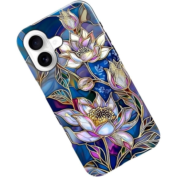 Case for iPhone 17, Stained Glass Lotus Flowers Gold Purple Phone Case Military-Grade Drop Protection Cover for Women Girl - Glossy